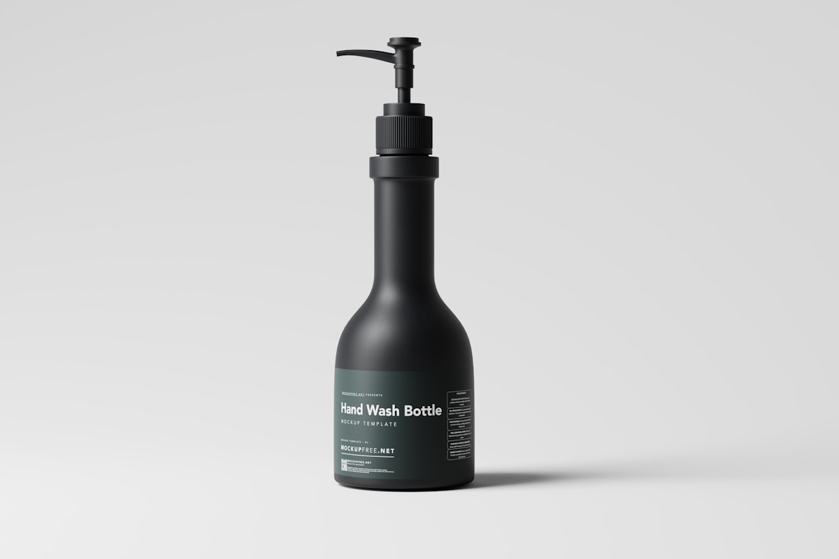 Bouteille de savon liquide noire avec pompe de distribution.