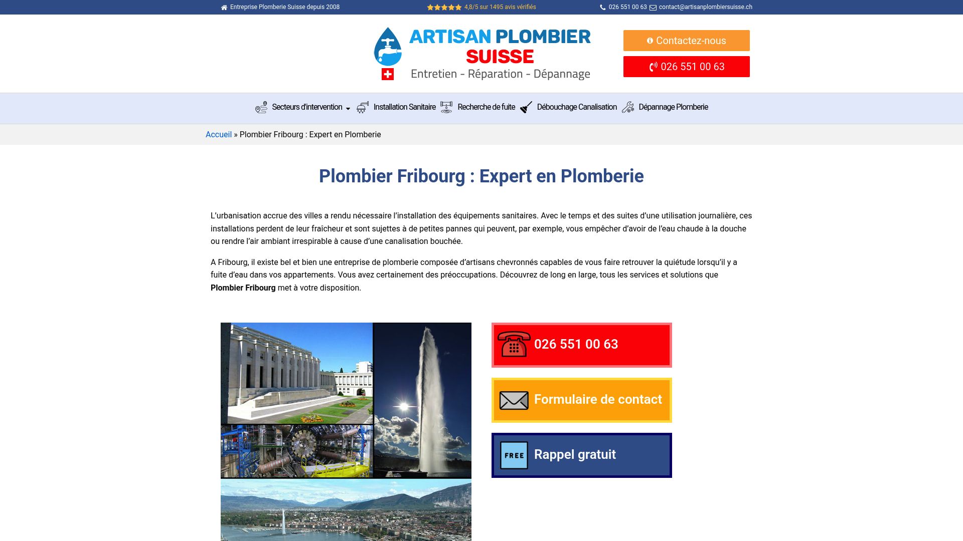 Homepage of artisanplombiersuisse.ch showing emergency services list
