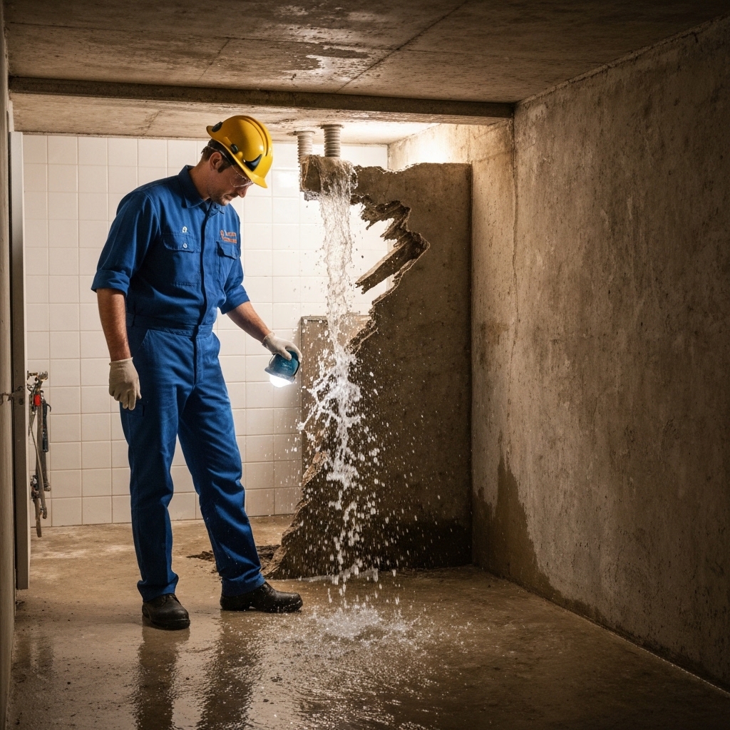 Un plombier professionnel en uniforme examine un tuyau d'eau éclaté dans un sous-sol résidentiel, des outils d'u...
