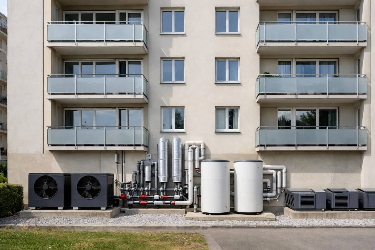 Geneva apartment building exterior with visible heating infrastructure and modern energy-efficient equipment on facade, professional architectural photography showing collective heating system transformation, realistic daylight, no text or labels