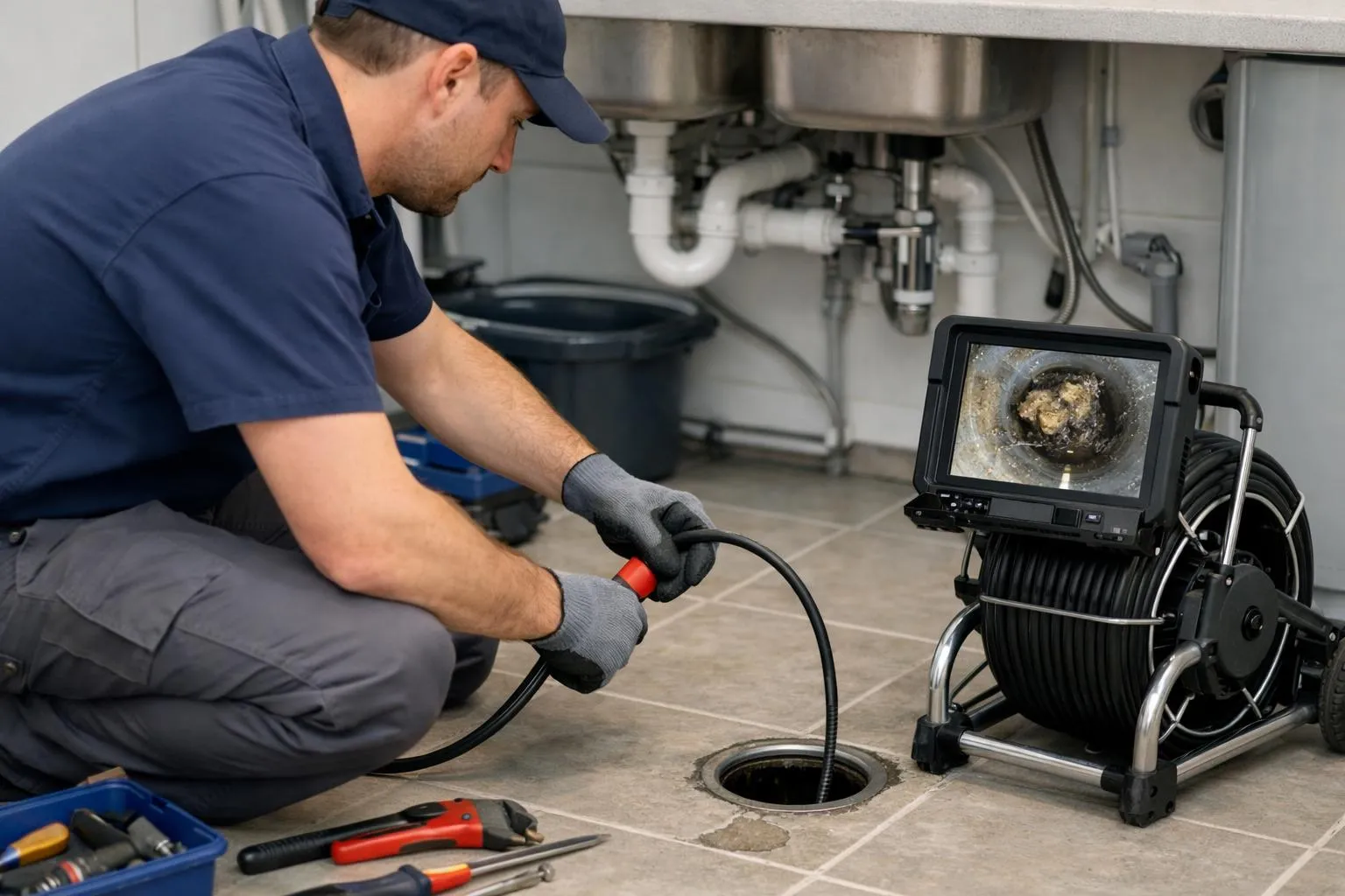 Plumber holding flexible inspection camera cable inserting into drainage pipe opening while monitor screen shows interior pipe view with visible blockage and pipe walls, professional Swiss sanitary work environment with clean tools and equipment