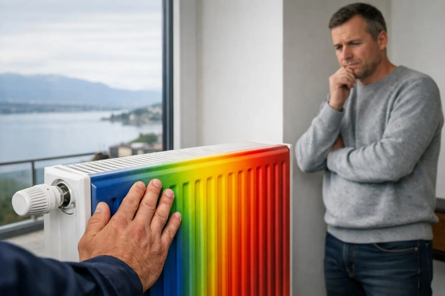 Close-up photo of a professional plumber's hand touching a cold radiator with visible temperature difference zones, Geneva apartment interior with lake view through window, homeowner standing nearby looking concerned, realistic lighting, no text or labels