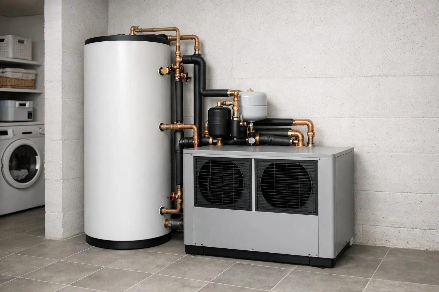 Cross-section view of a modern thermodynamic water heater system installed in a Swiss home utility room, showing the white cylindrical storage tank connected to a compact heat pump unit with visible ventilation grilles, copper piping connections, and insulated components against a clean basement wall