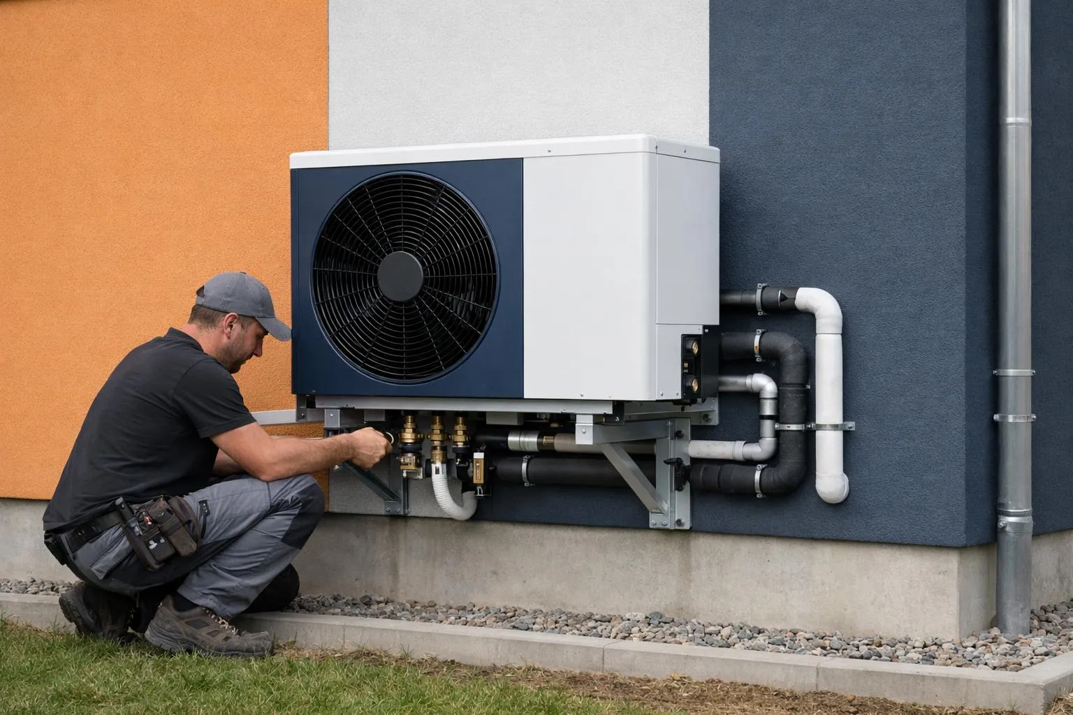 Professional technician installing modern air-to-water heat pump unit on exterior wall of contemporary Swiss building with visible piping and mounting brackets, realistic photography style showing technical details