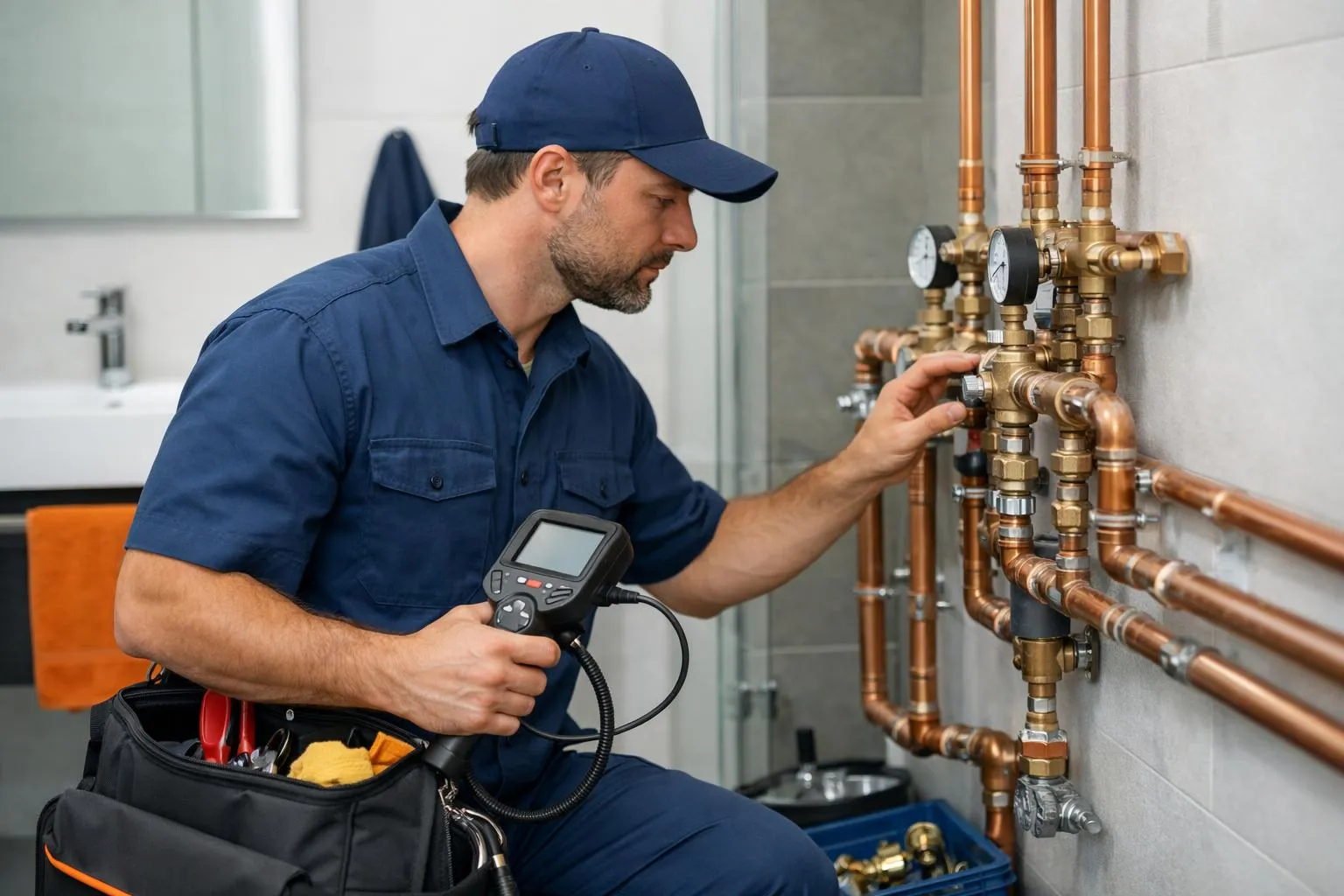 Professional plumber in blue work uniform examining copper pipes and valves in a modern residential bathroom in Lausanne, holding tools and inspection equipment, focused working environment with visible plumbing fixtures