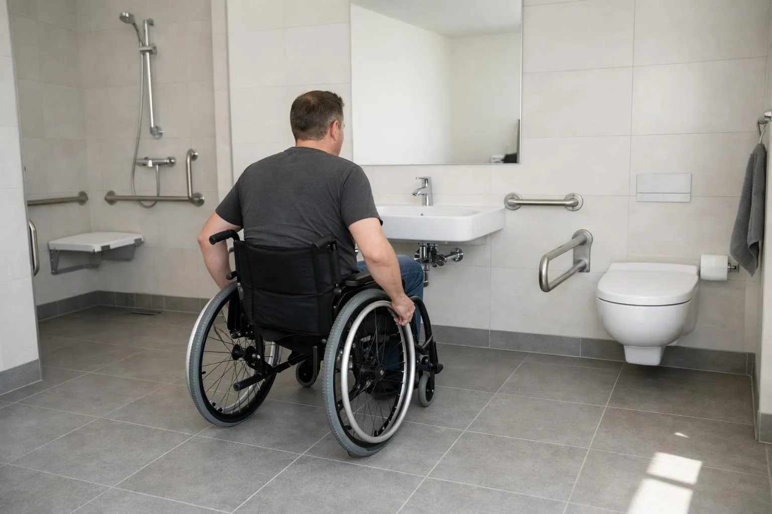 Modern accessible bathroom showing wheelchair user approaching wall-mounted sink, bright lighting revealing wide doorway and open floor space with anti-slip tiles, chrome grab bars visible on walls, spacious layout demonstrating 150cm circulation diameter, professional sanitaire installation