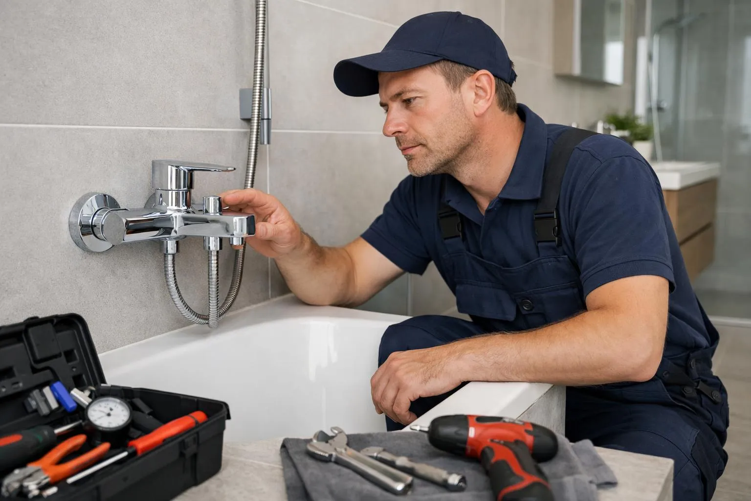 Technicien sanitaire professionnel en uniforme inspectant une installation moderne de robinetterie chromée dans une salle de bain contemporaine genevoise, outils spécialisés visibles, environnement propre et lumineux