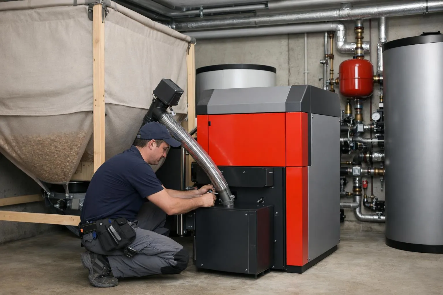 Professional technician installing a modern pellet boiler system in a Swiss basement, visible wood pellets in storage hopper, clean industrial equipment with metallic surfaces, technical pipes and connections, authentic heating installation setting in Geneva building