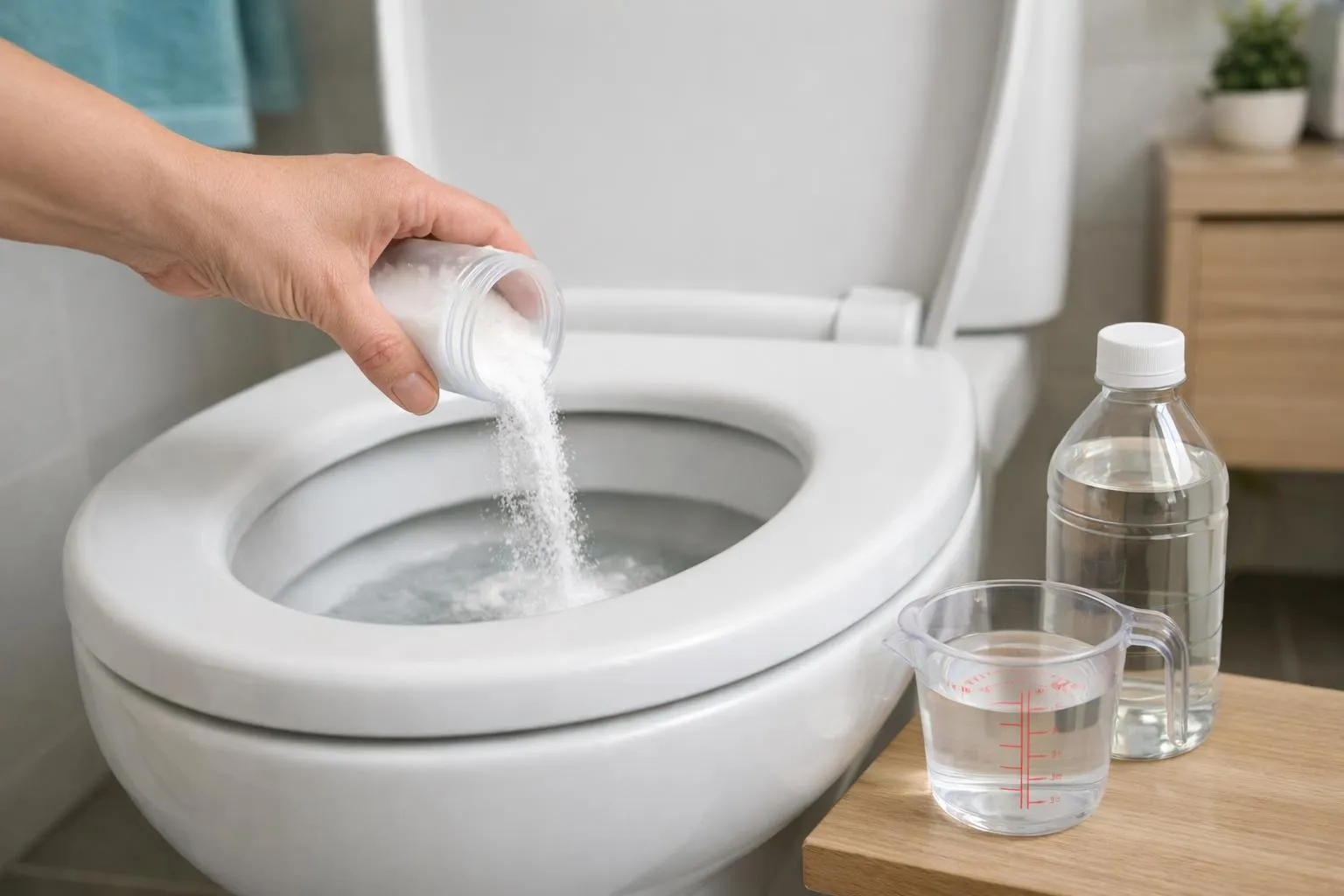 Nettoyage de toilette avec produit chimique.