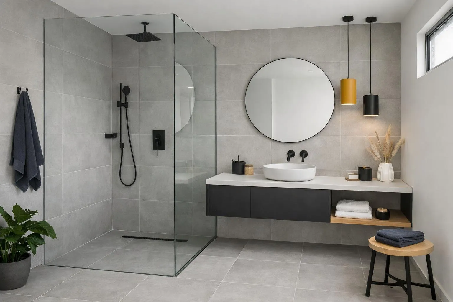 Salle de bain moderne avec douche en verre, lavabo et miroir rond.