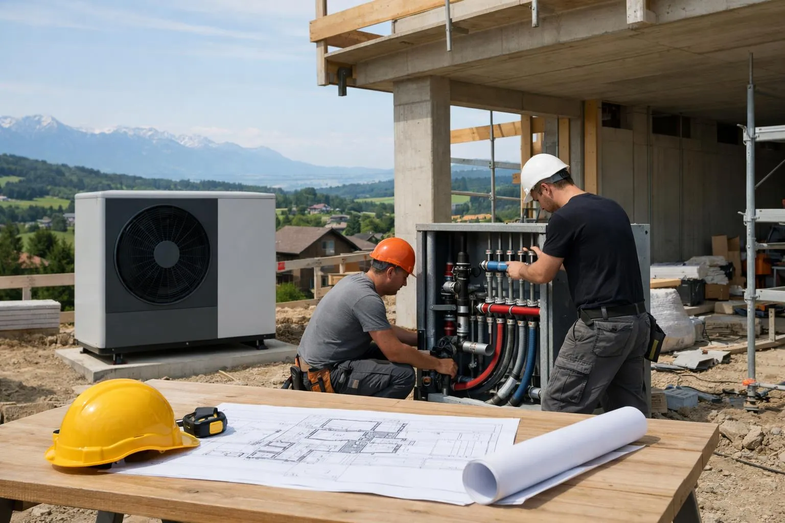 Deux ouvriers installent un système de climatisation sur un chantier de construction.
