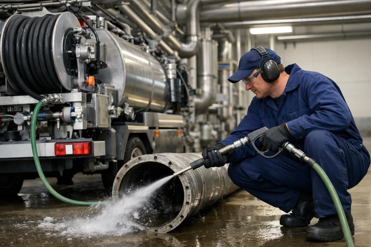 Ouvrier en combinaison bleue nettoyant un tuyau industriel avec un tuyau haute pression.