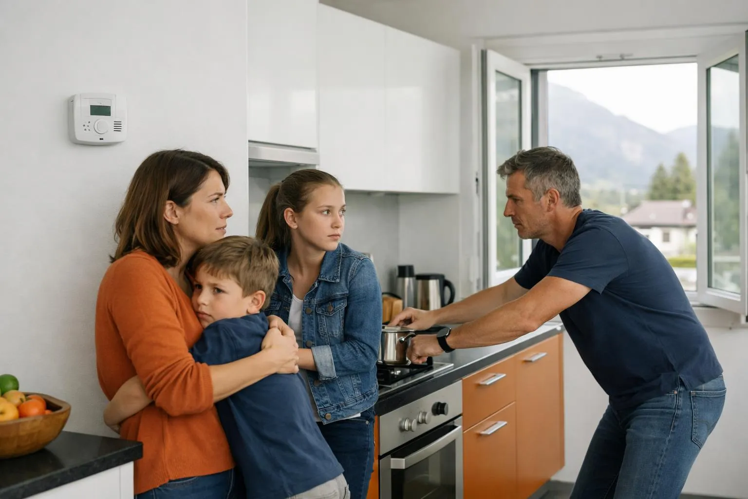 Famille inquiète dans la cuisine, un homme ajuste un appareil électrique.
