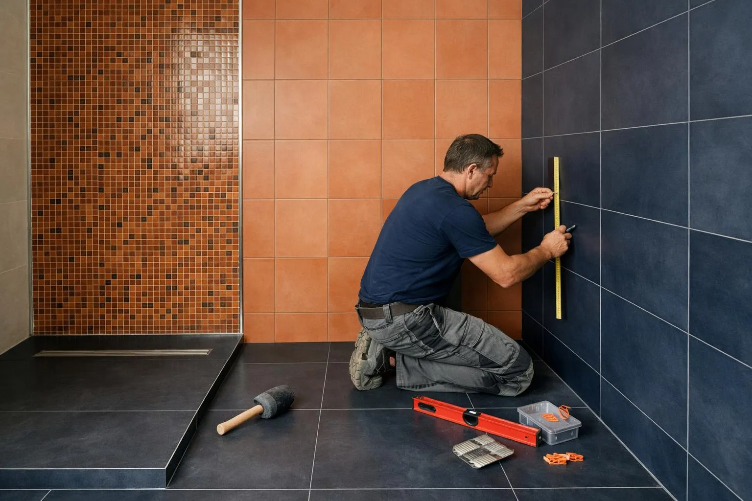 Homme mesurant le mur carrelé dans une salle de bain en rénovation.