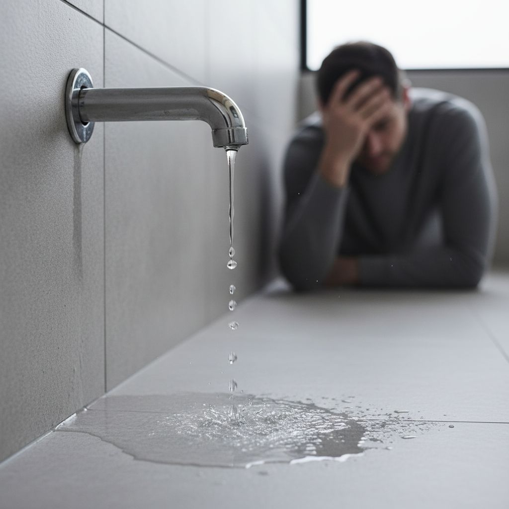 Une fuite d'eau dans une tuyauterie de salle de bain moderne, causant un stress visible au propriétaire, dans un style hyper réaliste.