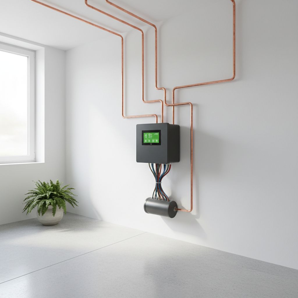 Modern eco-friendly heating system illustration in a basement
