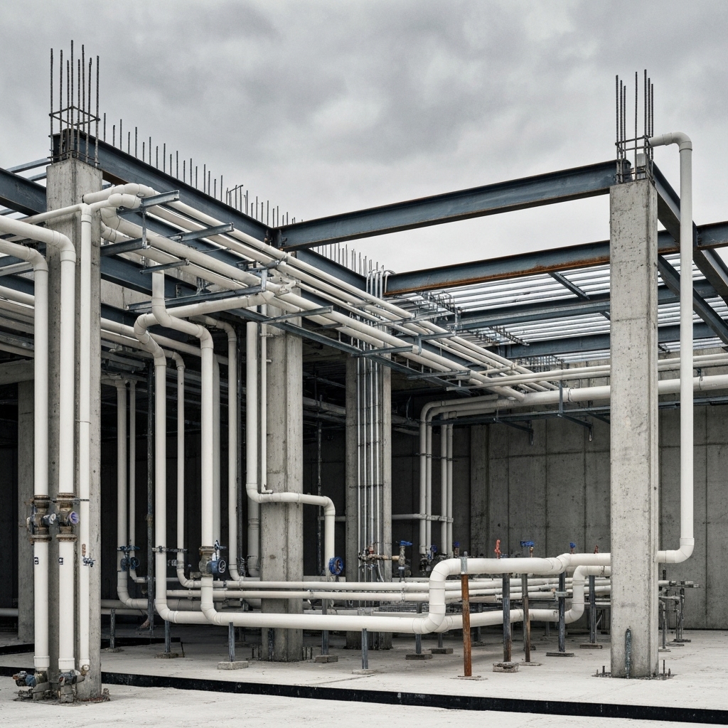 Chantier de construction avec installation détaillée du chauffage au sol et de la plomberie sanitaire sur le sol en béto...