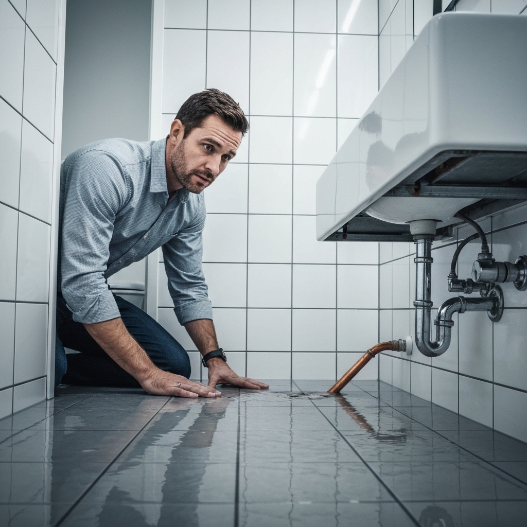 Une salle de bain moderne inondée, avec un propriétaire inquiet examinant un tuyau éclaté, sous un éclairage dramatique.