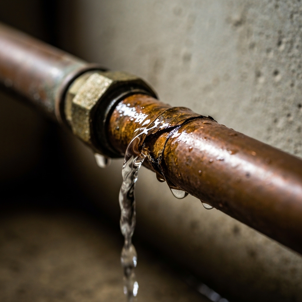 Gros plan sur un tuyau en cuivre avec une fuite d'eau nécessitant une réparation urgente.