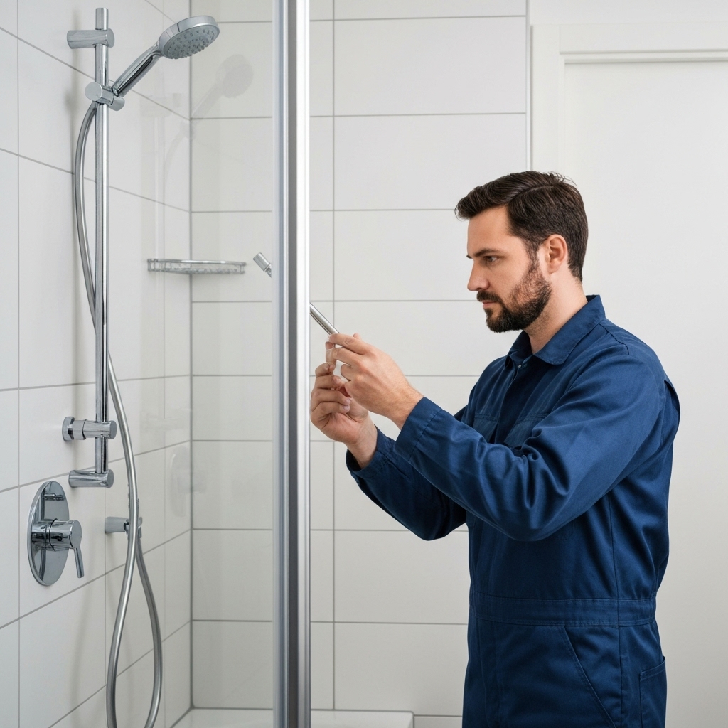 Un plombier professionnel analyse un plan de rénovation de salle de bains dans un appartement moderne à Yverdon.