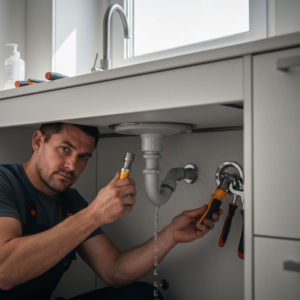 Un plombier professionnel répare une fuite sous un évier, avec des outils visibles.