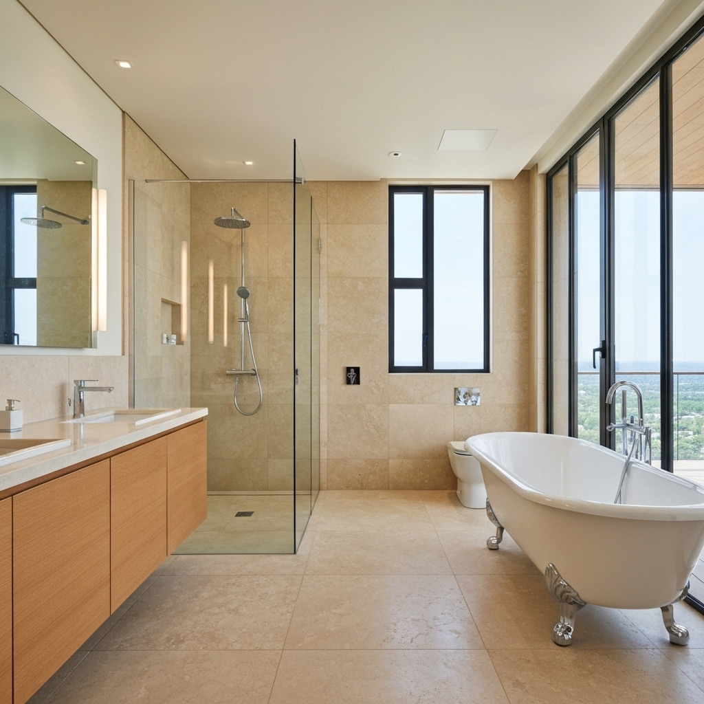 Rénovation de salle de bain de luxe moderne, rendu 3D vs réalité, carrelage haut de gamme et installation sanitaire.