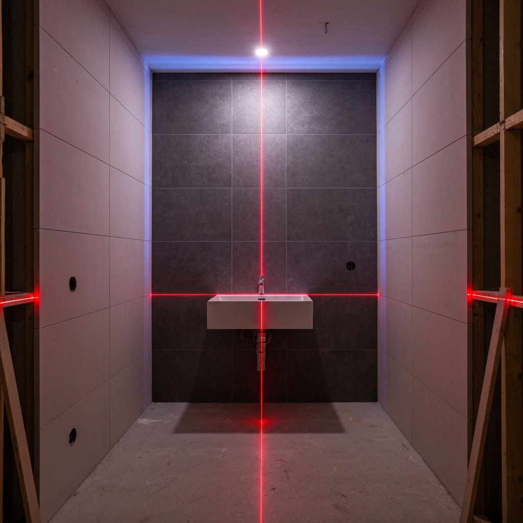 Un spécialiste Oclaire utilise un niveau pour vérifier l'alignement du carrelage dans une salle de bain.