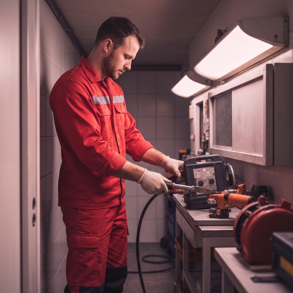 Un plombier professionnel en uniforme rouge effectue une réparation urgente de tuyauterie dans un sous-sol d'immeubl...