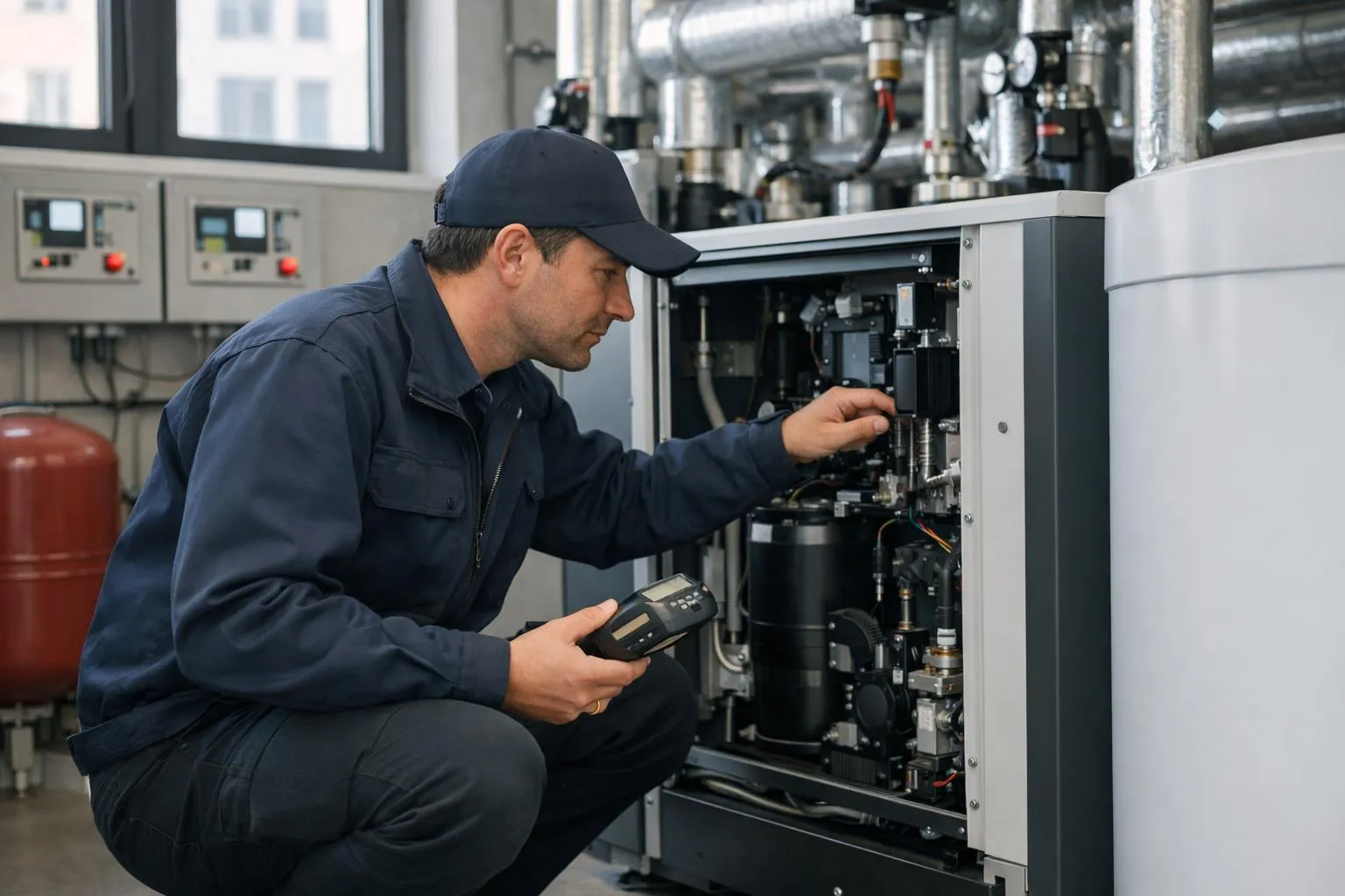 Professional heating engineer examining modern collective heat pump system in Geneva apartment building basement, with technical control panels and piping visible, natural lighting from window, realistic workplace scene
