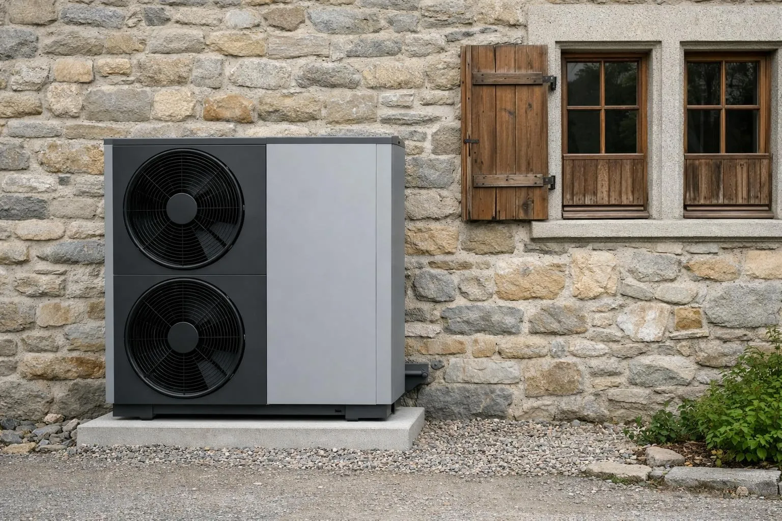 Modern air-to-water heat pump unit installed against stone wall of historic Swiss building, with traditional wooden shutters visible, showing seamless integration of contemporary heating technology with period architecture