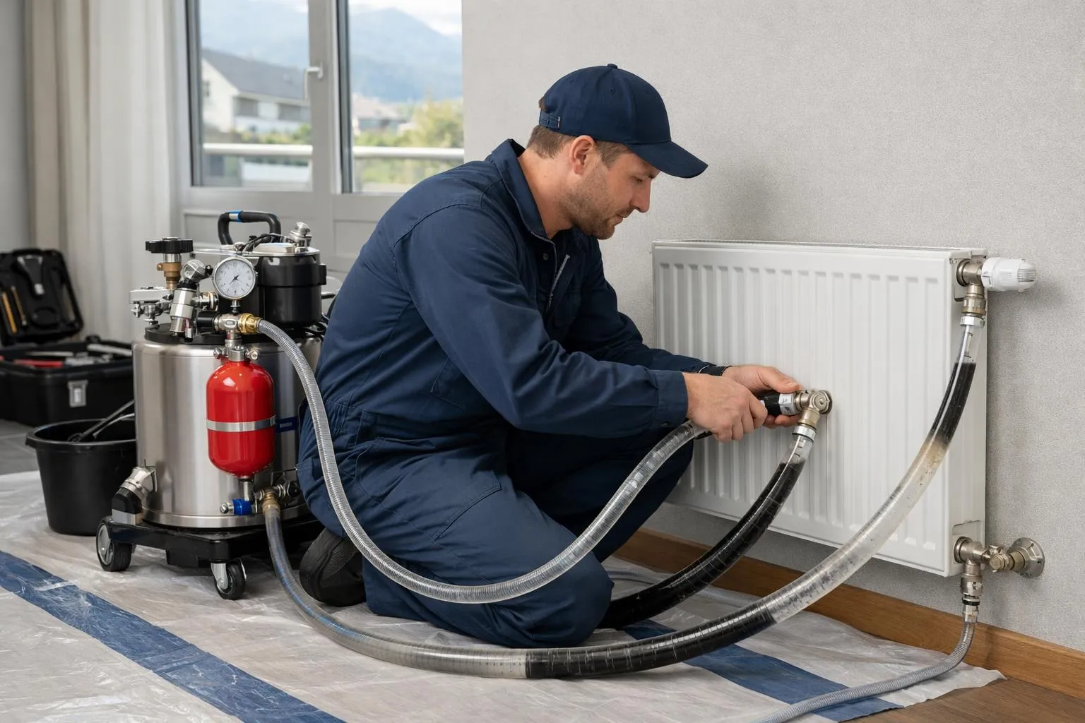 Professional heating technician in blue workwear connecting industrial hydropneumatic désembouage machine to white radiator valve in modern Swiss apartment, transparent tubes showing dark sludge flow, protective floor coverings visible, natural daylight through window, clean organized workspace with professional equipment