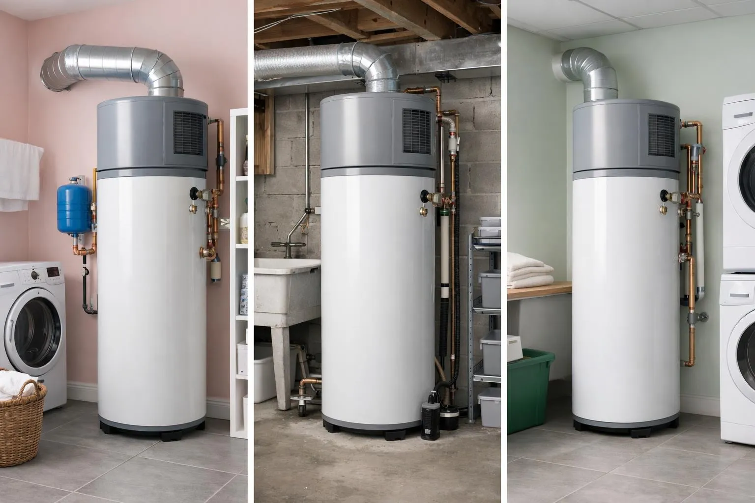 Three distinct thermodynamic water heater installations shown in separate modern residential basement or utility room settings, displaying monobloc unit, split system with external unit, and air extraction system connected to ventilation ducts, with visible technical components and realistic plumbing connections