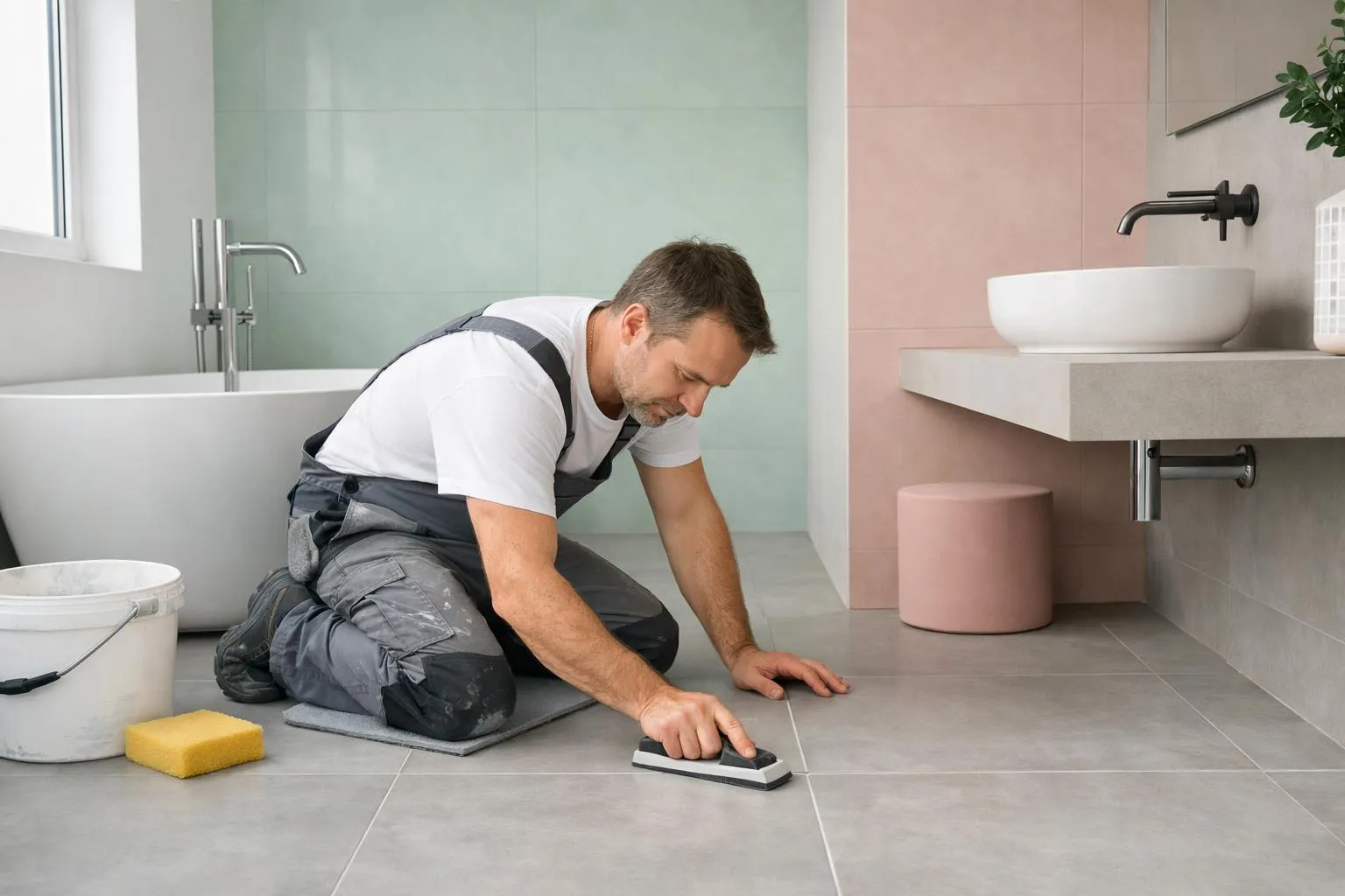 Modern bathroom interior featuring large-format floor and wall tiles in neutral tones, with an Italian-style walk-in shower showcasing seamless tile installation, minimal grout lines visible, natural lighting emphasizing the spacious clean aesthetic, contemporary fixtures and fittings, realistic photographic style