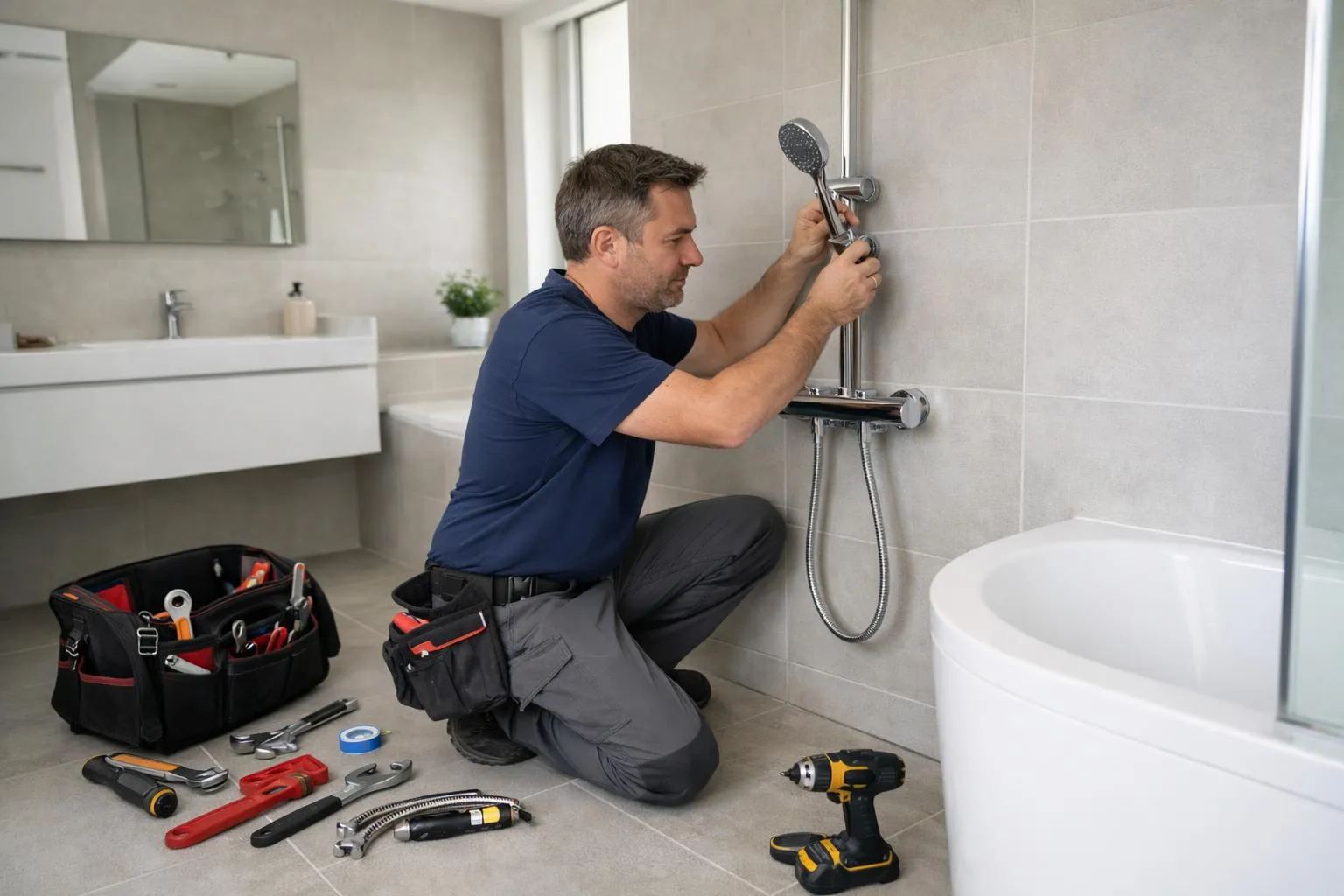 Artisan sanitaire professionnel installant des équipements modernes dans une salle de bain genevoise contemporaine, avec robinetterie chromée et carrelage, outils de précision visibles, lumière naturelle, environnement de chantier propre et organisé