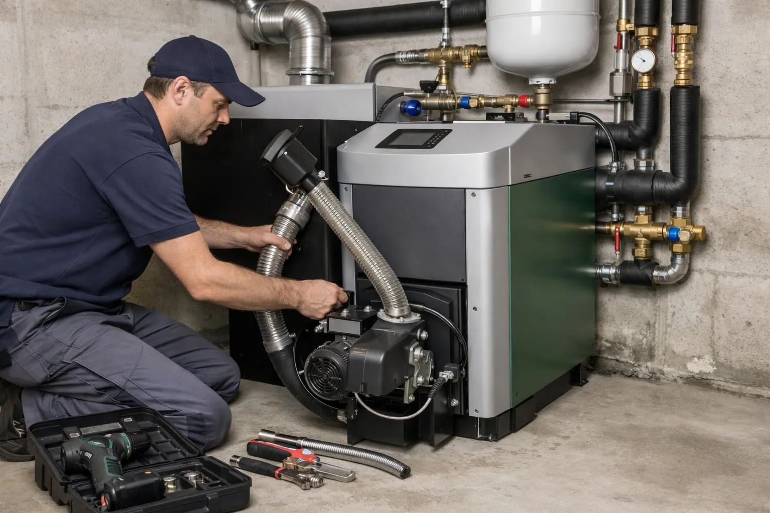 Professional heating technician in work uniform installing a modern wood pellet boiler in a Geneva residential basement, showing technical equipment, pipes, and installation tools in action, realistic documentary style photography