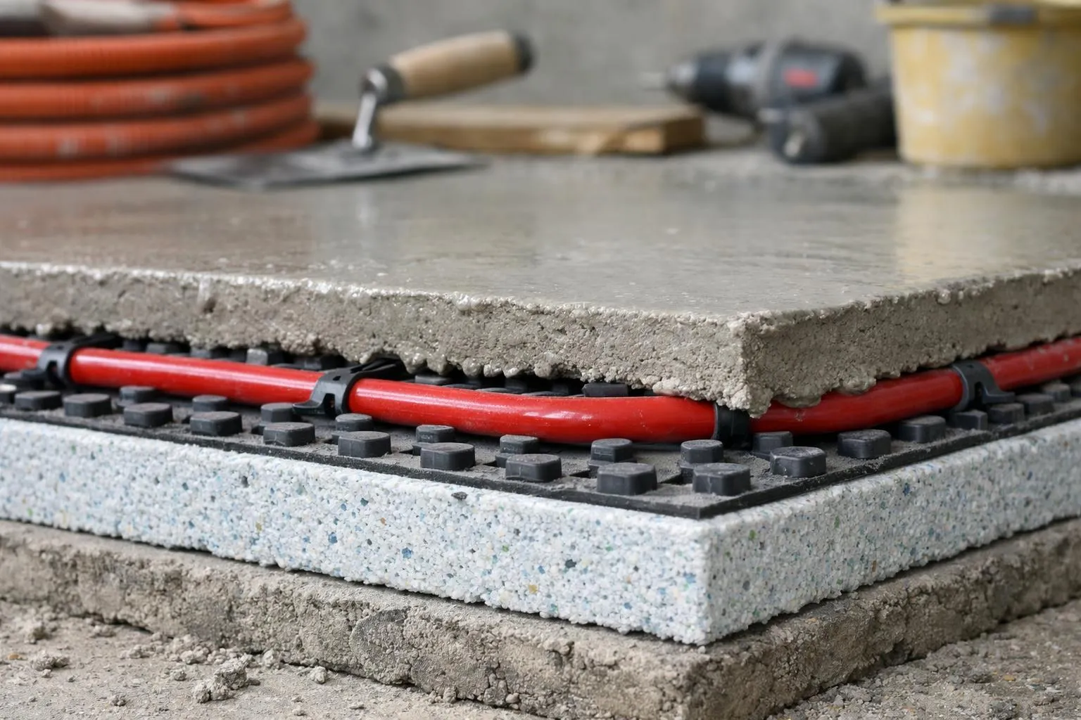 Carreaux de sol en béton avec tuyaux rouges et outils de construction.