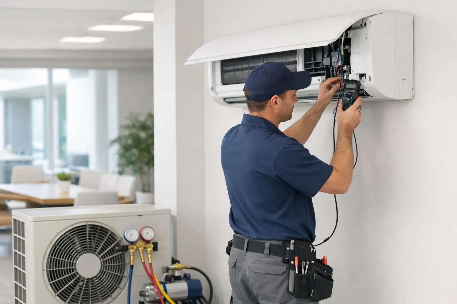 Technicien réparant un climatiseur mural dans un bureau.