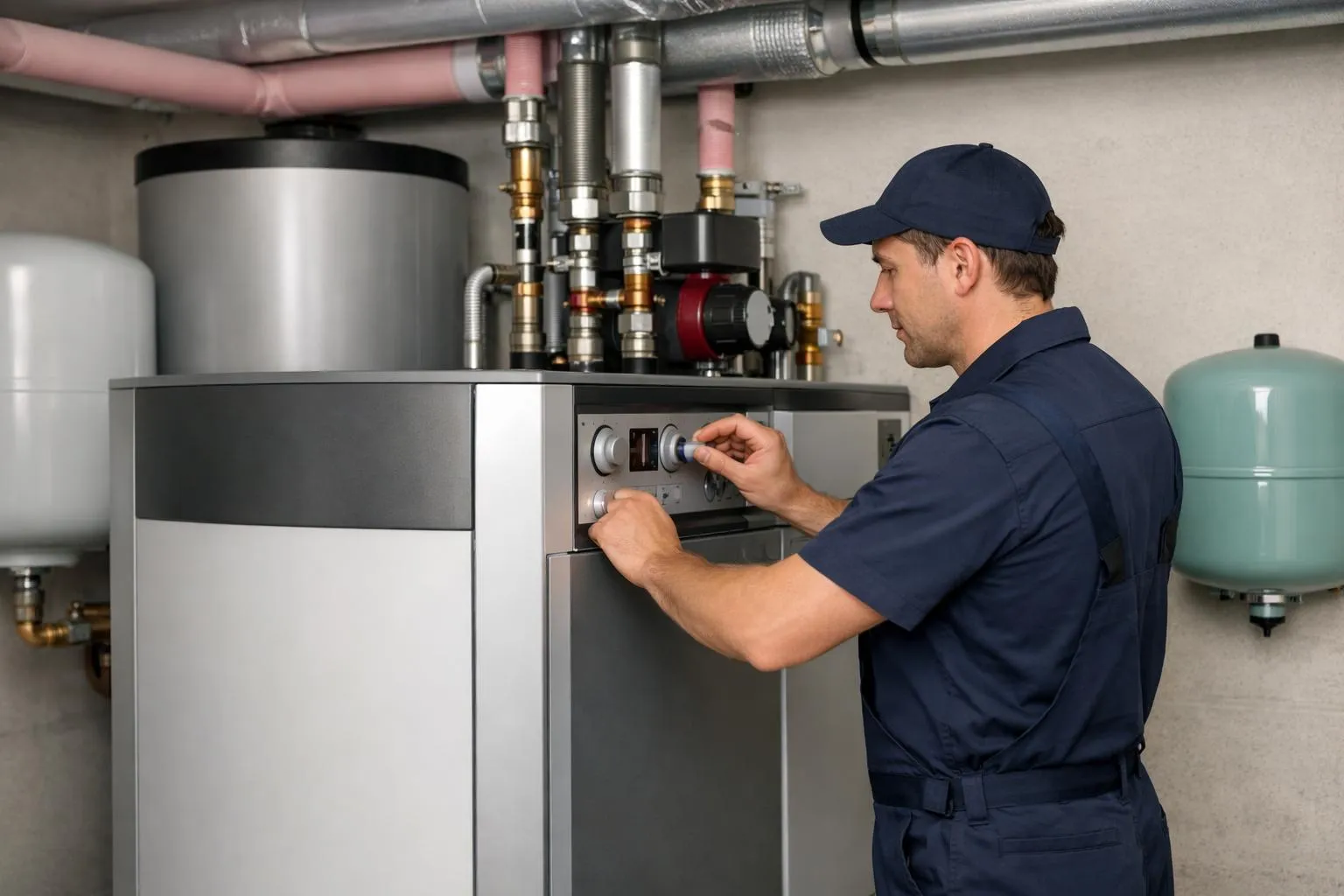 Technicien en uniforme bleu réparant un système de chauffage et de plomberie.
