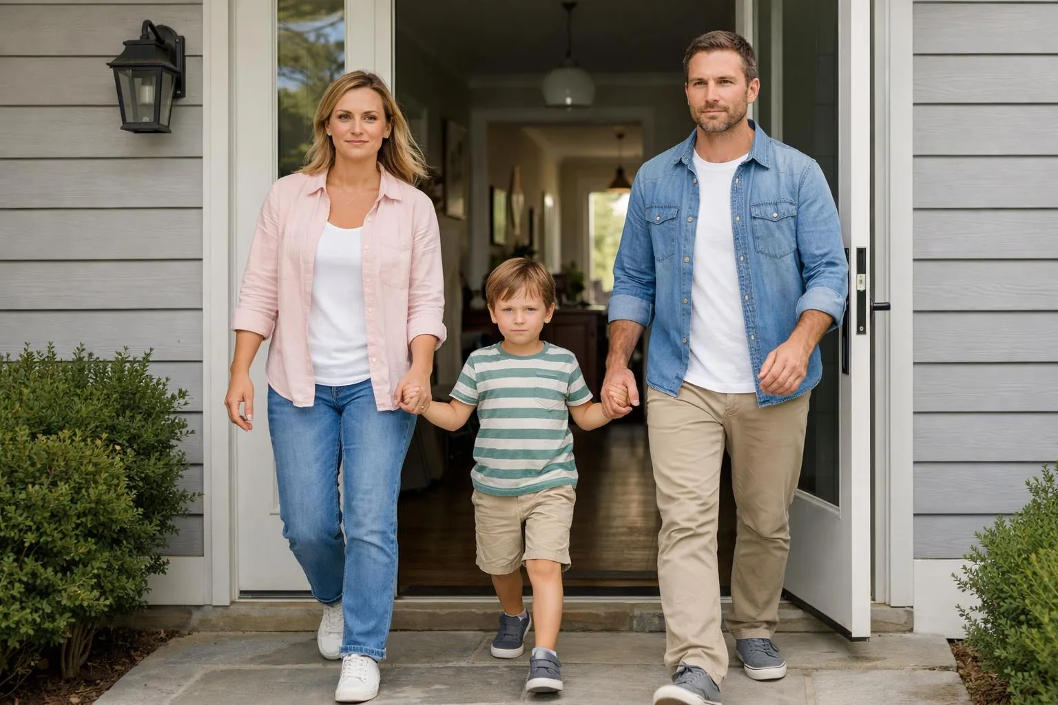 Famille heureuse devant leur maison, parents et enfant main dans la main.