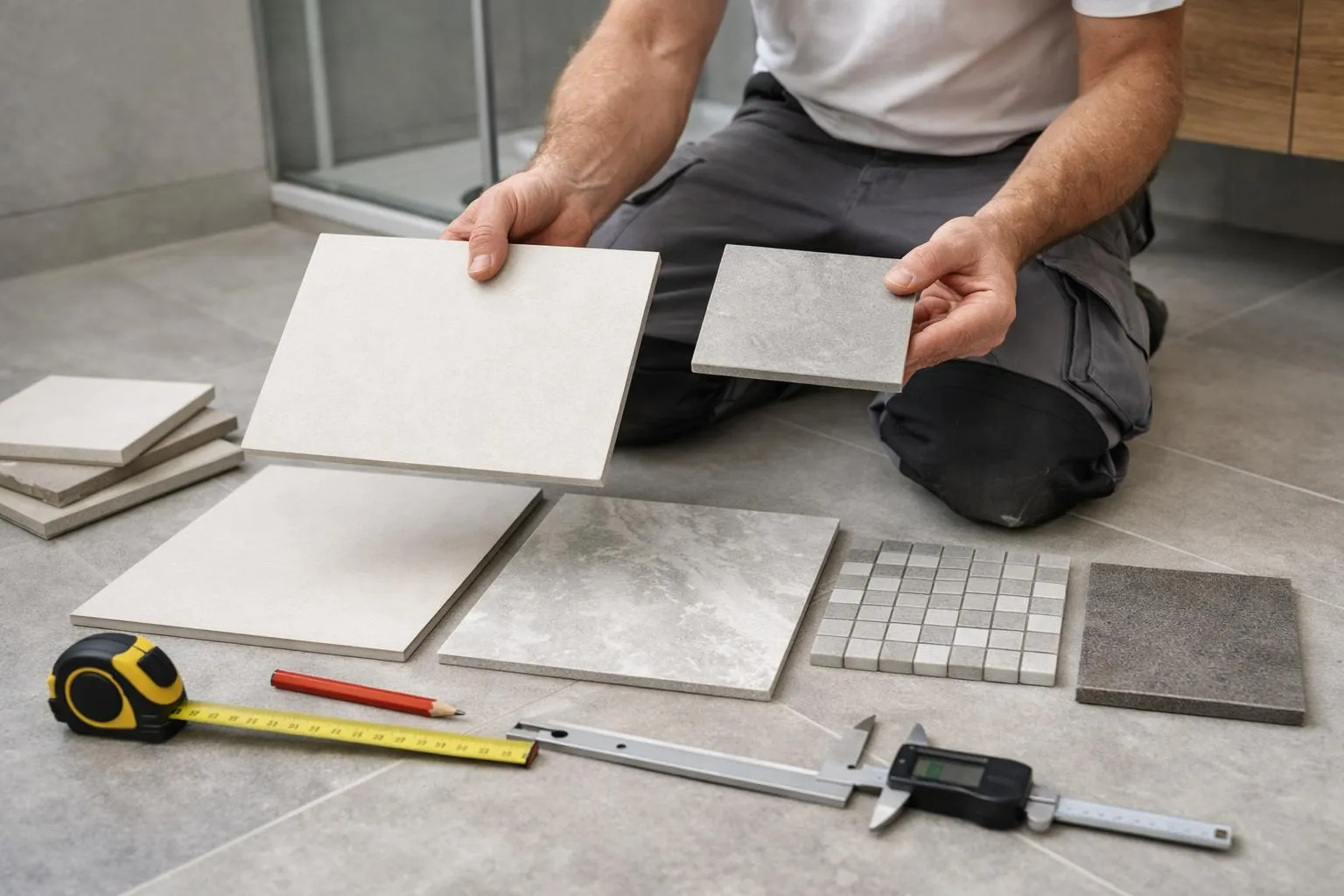 Carrelage, outils de mesure et échantillons de matériaux de construction.