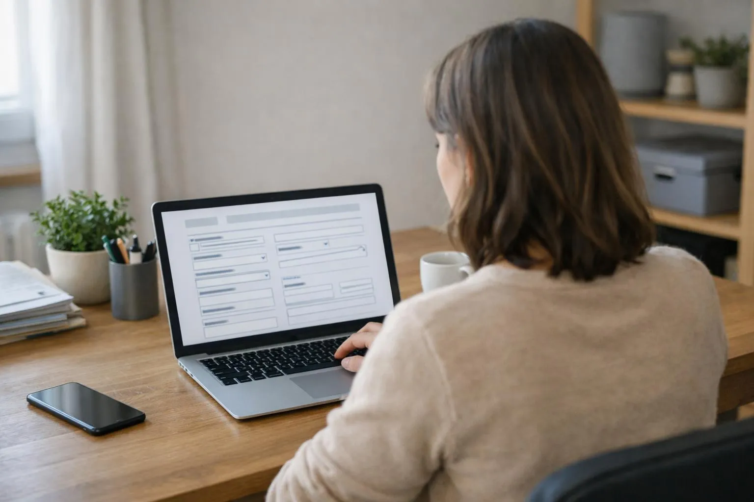 Person sitting at home office desk viewing official Swiss cantonal government website on laptop screen showing subsidy application form interface, warm natural lighting, realistic photography style, ABSOLUTELY NO TEXT or numbers visible on screen or anywhere in image