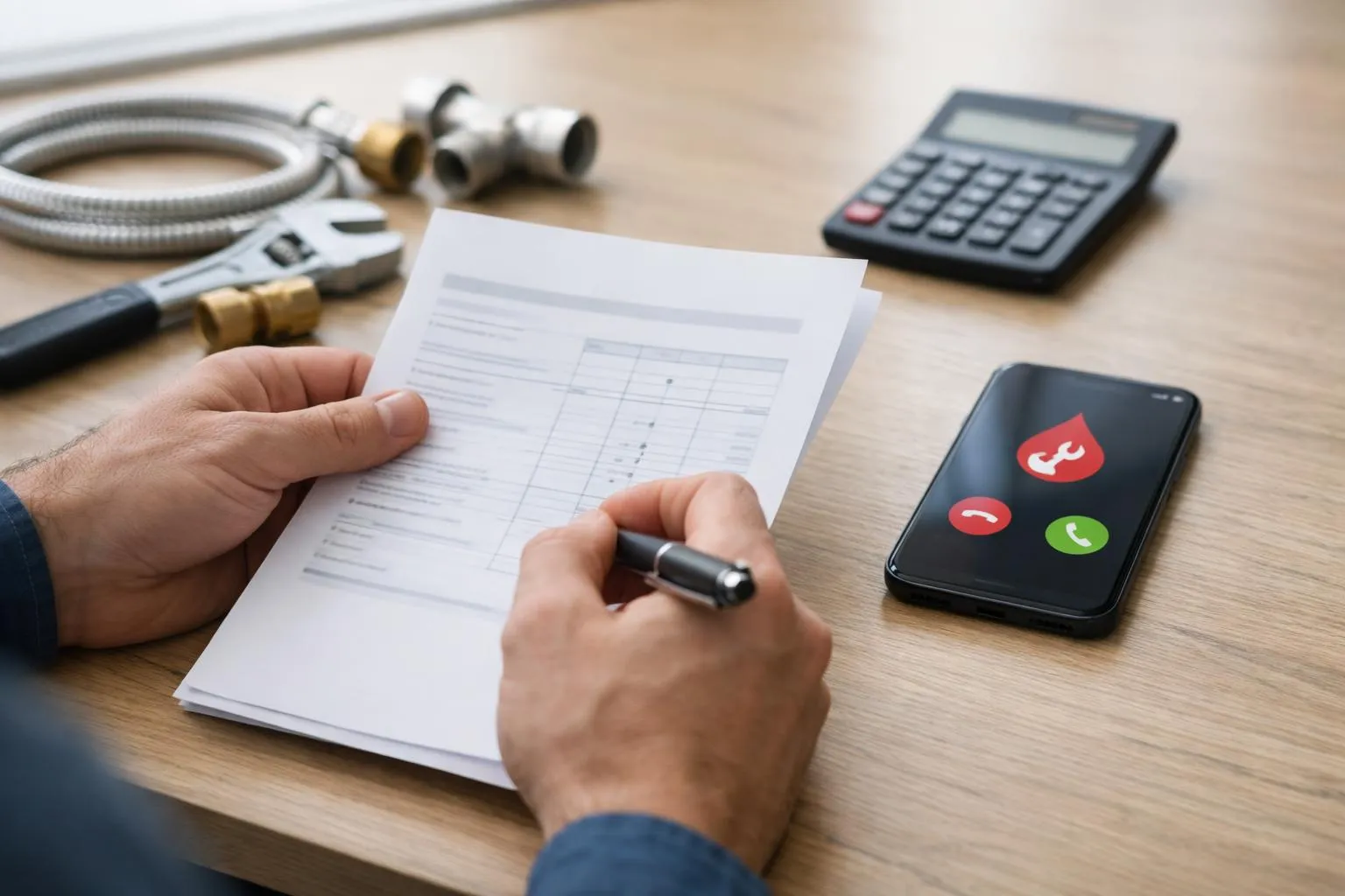 Close-up view of a professional tradesperson's hands holding a detailed written estimate document and a pen, with a smartphone showing a plumbing emergency call screen on a clean desk, with plumbing tools and a calculator visible in the background, natural office lighting, Swiss residential setting