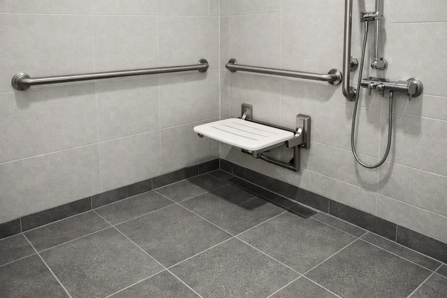Modern walk-in shower installation in accessible Swiss bathroom showing zero-threshold entry, anti-slip gray tiles, horizontal and vertical stainless steel grab bars mounted on white walls, fold-down shower seat positioned at regulation height, and spacious layout allowing wheelchair maneuverability