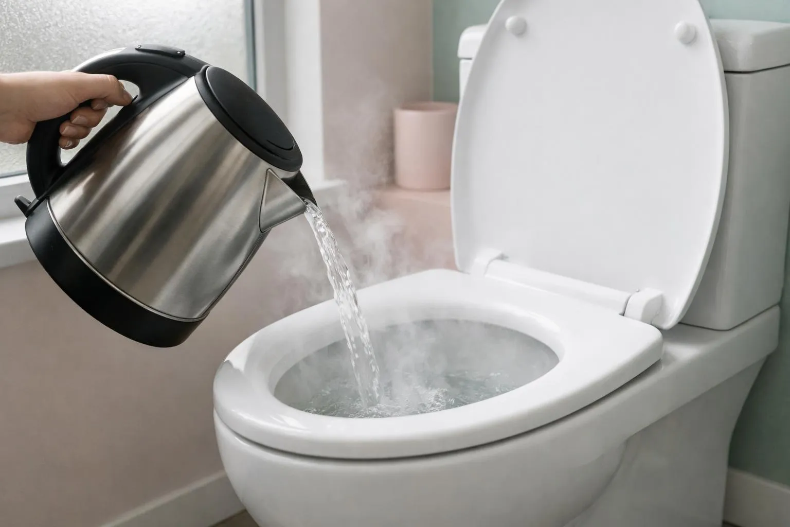 Bouilloire versant de l'eau dans des toilettes pour les nettoyer.
