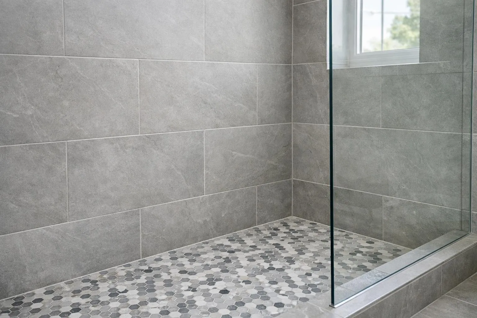 Salle de bain avec carrelage gris et sol en mosaïque hexagonale.