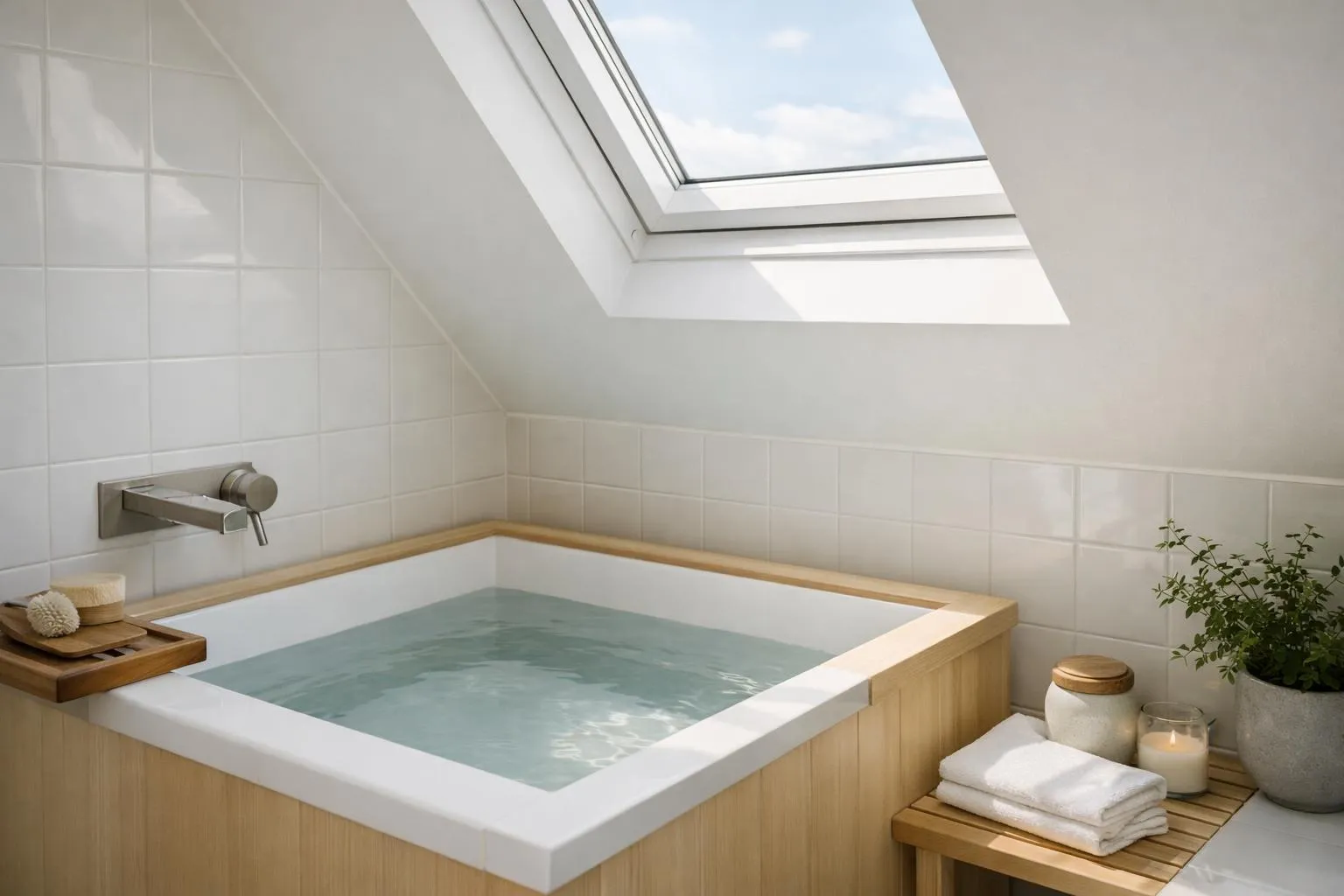 Salle de bain avec baignoire en bois, éclairée par fenêtre de toit.