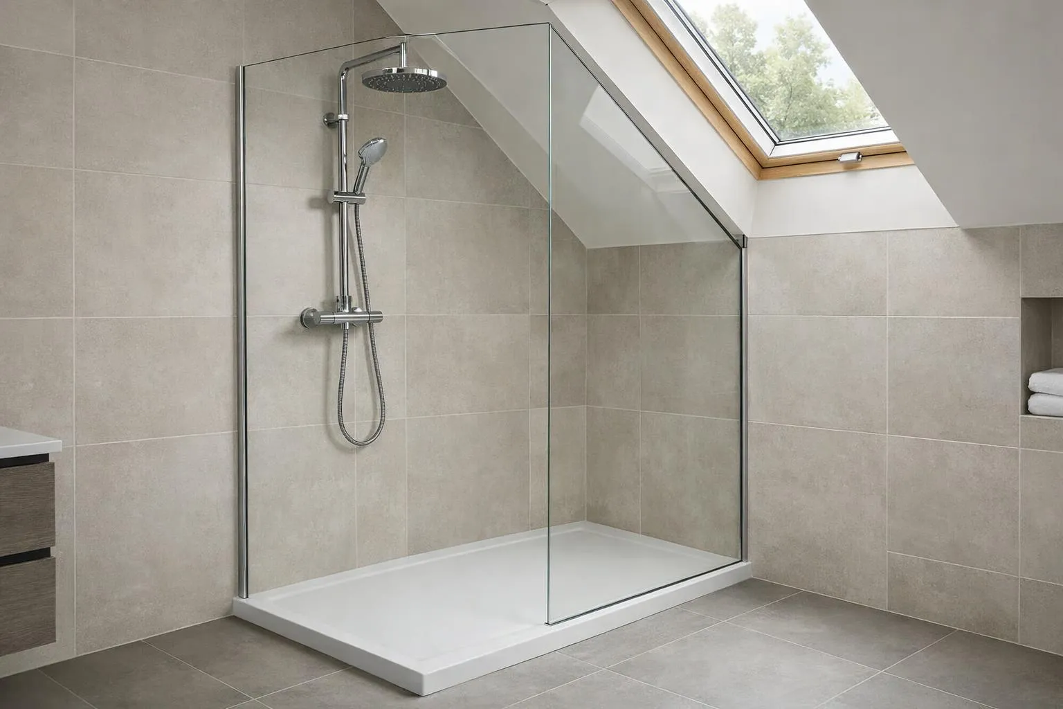 Salle de bain moderne avec douche à l'italienne et fenêtre de toit.