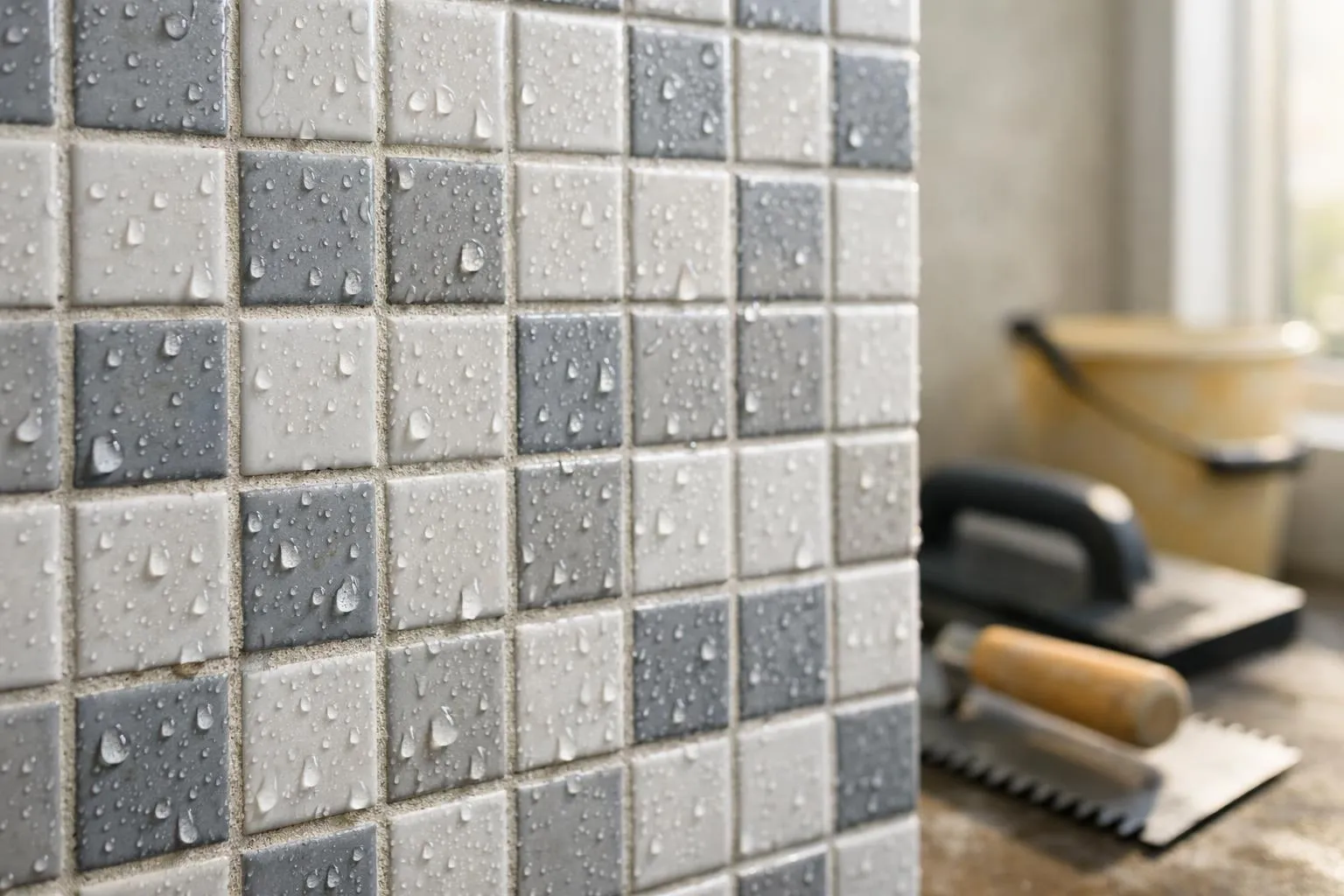 Carreaux de mosaïque gris avec des gouttes d'eau.