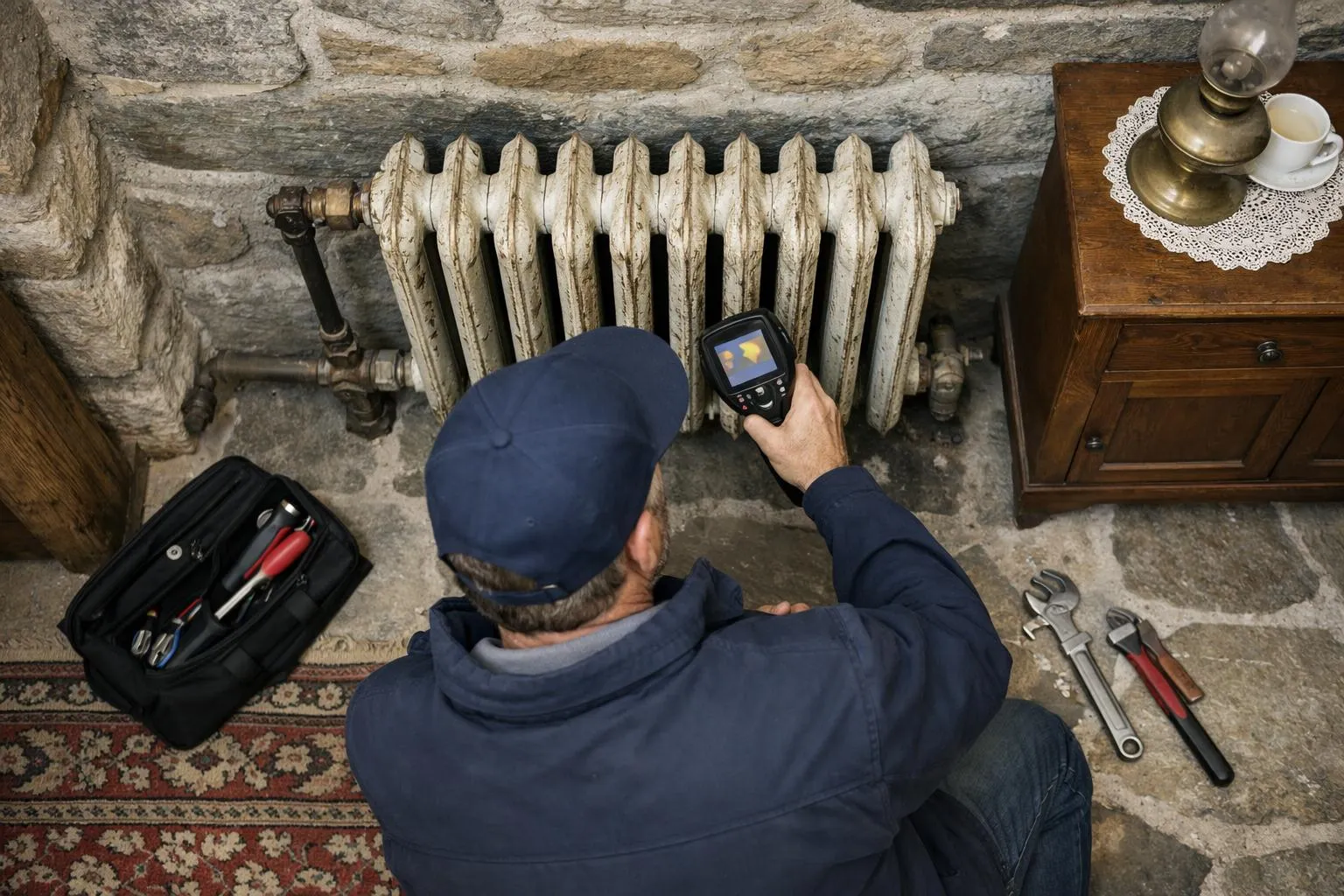 Professional heating technician examining vintage cast iron radiator in historic Swiss stone house, showing detailed inspection of old heating system with thermal imaging tool, authentic consultation scene with vintage interior visible