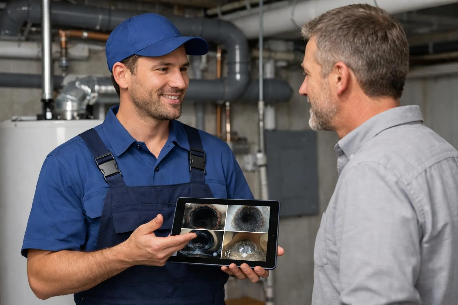 Professional plumber in clean blue uniform showing tablet screen with pipe inspection footage to concerned property manager in modern Swiss building basement, realistic lighting, technical discussion atmosphere, no text or labels visible